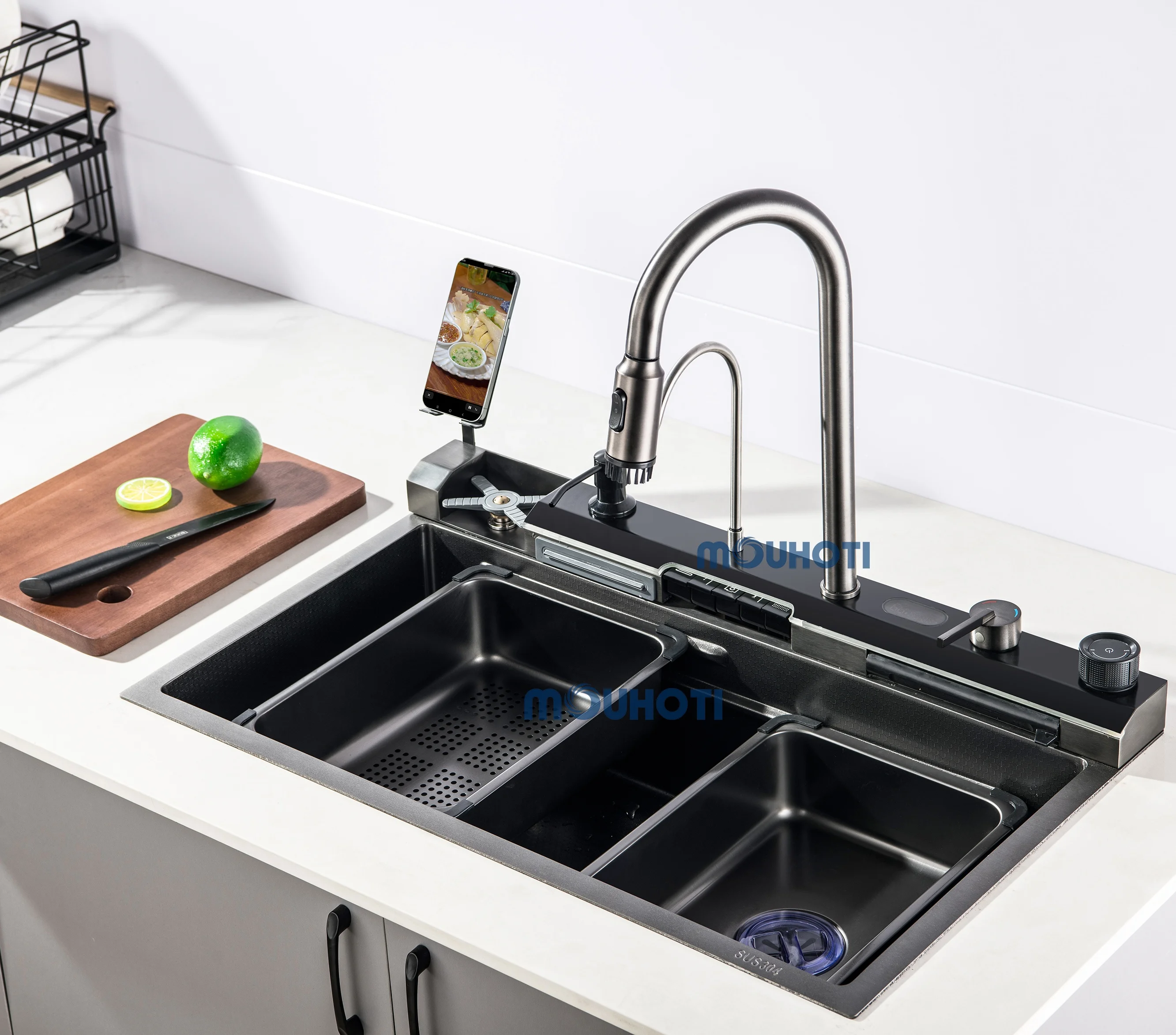 Motai Unique Products Black Fregadero Acero Inoxidable Smart Kitchen Sink Waterfall Sink Blue Led Light with Mobile Phone Holder