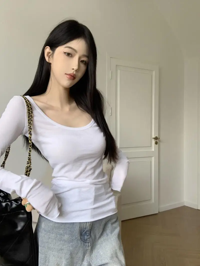 تي شيرت نسائي بأكمام طويلة ملابس علوية من القطن غير رسمية بقصة ضيقة من نسيج مريح أنيق مرقع للخريف اليومي ملابس مكتبية للتنقل في الشارع