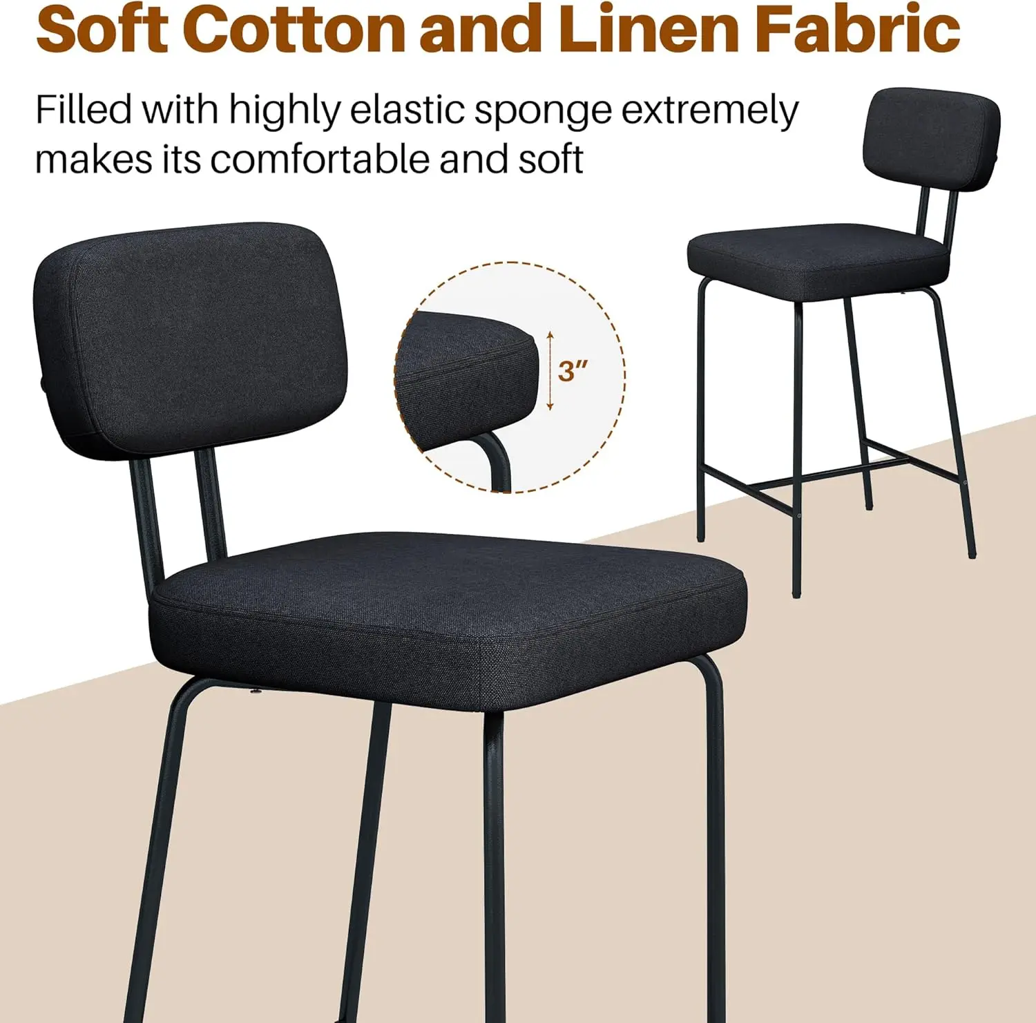 Counter Height Bar Stools Set Of 2, 26"" Black Counter Bar Stools, Upholstered Fabric Kitchen Island Chairs Barstools With Back