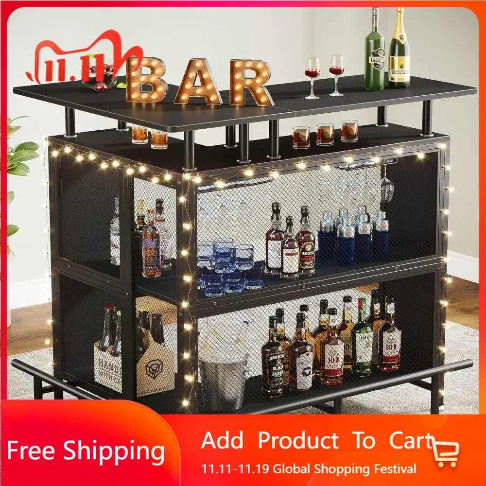 

Bar Unit, L-Shaped Bar Table with Stemware Racks and 2-Tier Shelves, Corner Mini Coffee Liquor Cabinet with Footrest