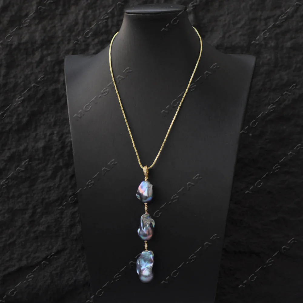 MCT·STAR 3-in-1 26mm Real White Black Gray Baroque Keshi Pearl Pendant Chain (Z14615)