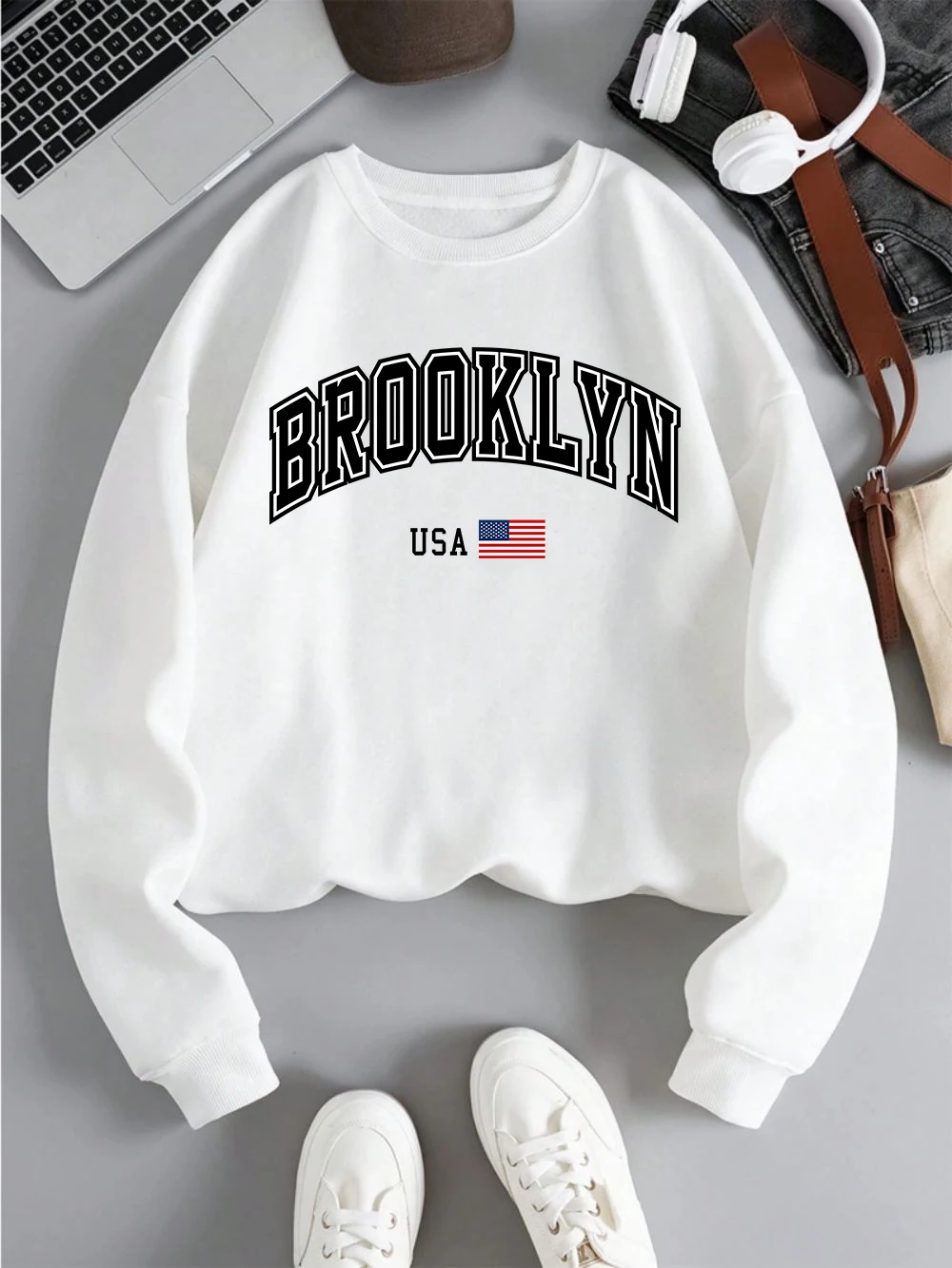 

Autumn Womens Sweatshirts Brooklyn Usa Letter Printing Pullovers Warm Fleece Crewneck Loose Hoodies Street Casual Female Clothes