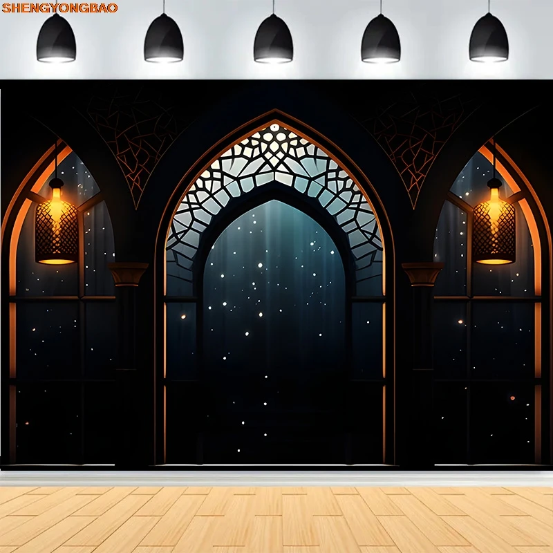 

Ramadan Eid Kareem Mubarak Islamic New Year Moon Lanterns Background Arabic Palace Candles Mosque Photography Backdrops EI-09