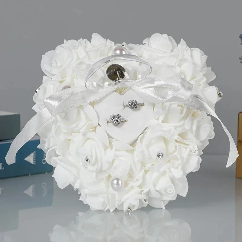 1pc Valentine's Day Ring Box  Heart Shape Wedding Ring Pillow Pearl Rhinestone Wedding Ceremony Ring Holder for Ceremonies image 5