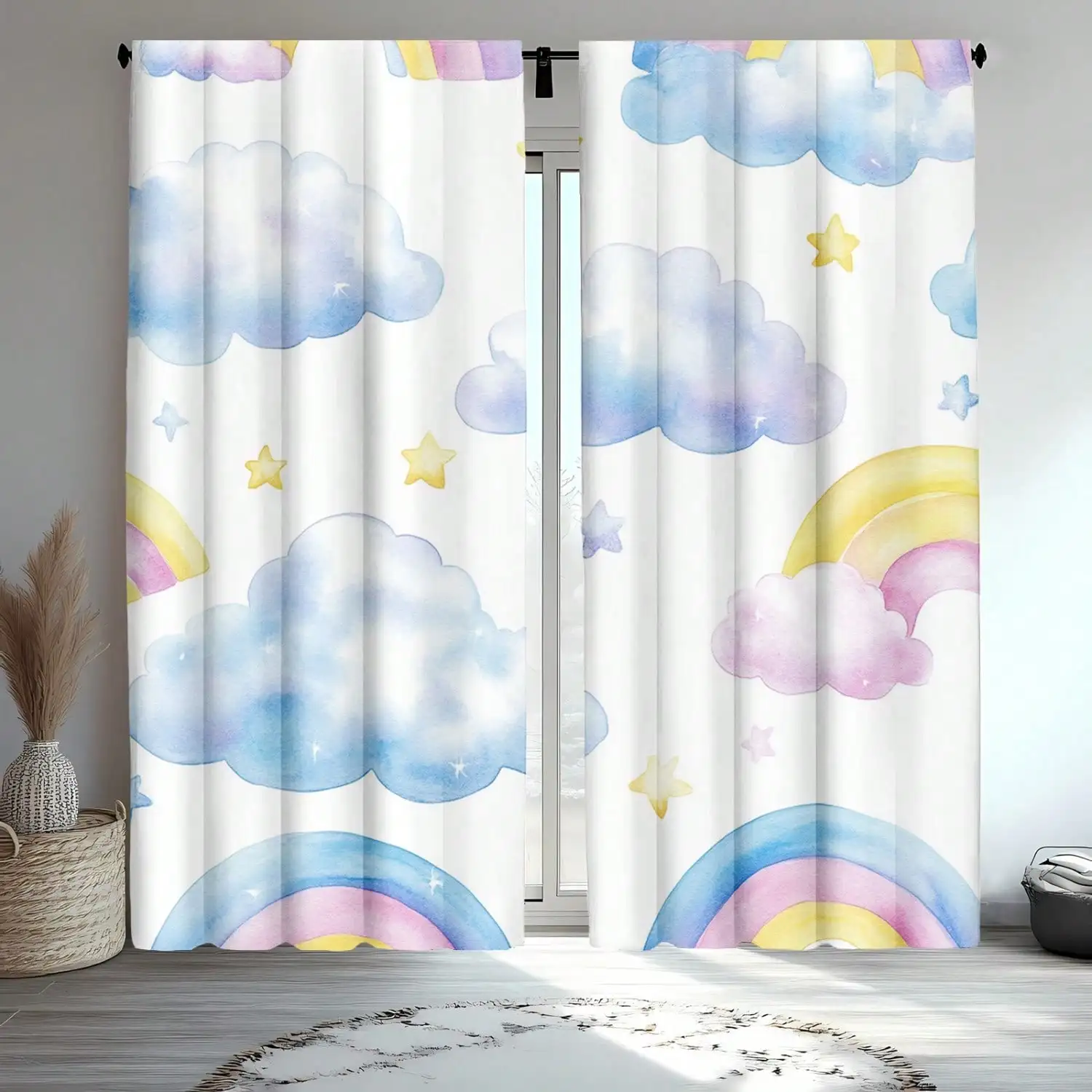 2pcs Fun Rainbow Blackout Curtains Cartoon Clouds, Stars & Rainbows Design, 100% Polyester Semi-Transparent Rod Pocket Curtains