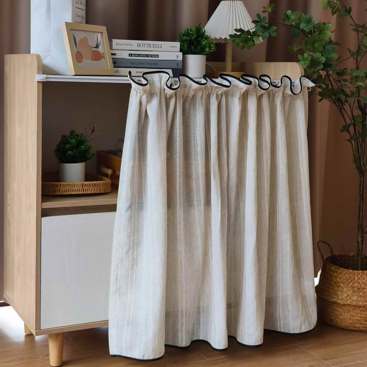 1PC Japanese Solid Color Stripes Short Curtain for Cupboard Kitchen Top and Bottom Edging Sheer Window Drape Study