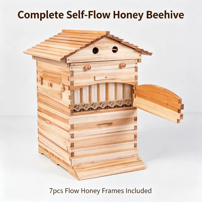 Apiculture Equipment Waxed Cedar Wood Flow Honey Hive Automatic Self-flow Beehive Box with 7 Plastic Flow Frames