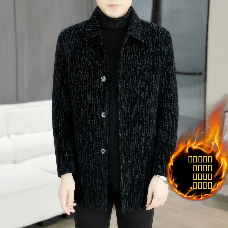 

Faionable Winter Men's Woolen Jaet Mid-Length Thiened Fce Collar Coat Trendy Striped Outerwear Stand Fit Long Sve