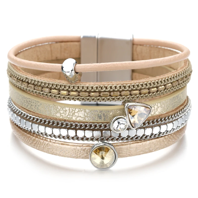 Amorcome-pulsera de cuero multicapa para mujer, brazalete con cuentas de cristal y diamantes de imitación, joyería magnética