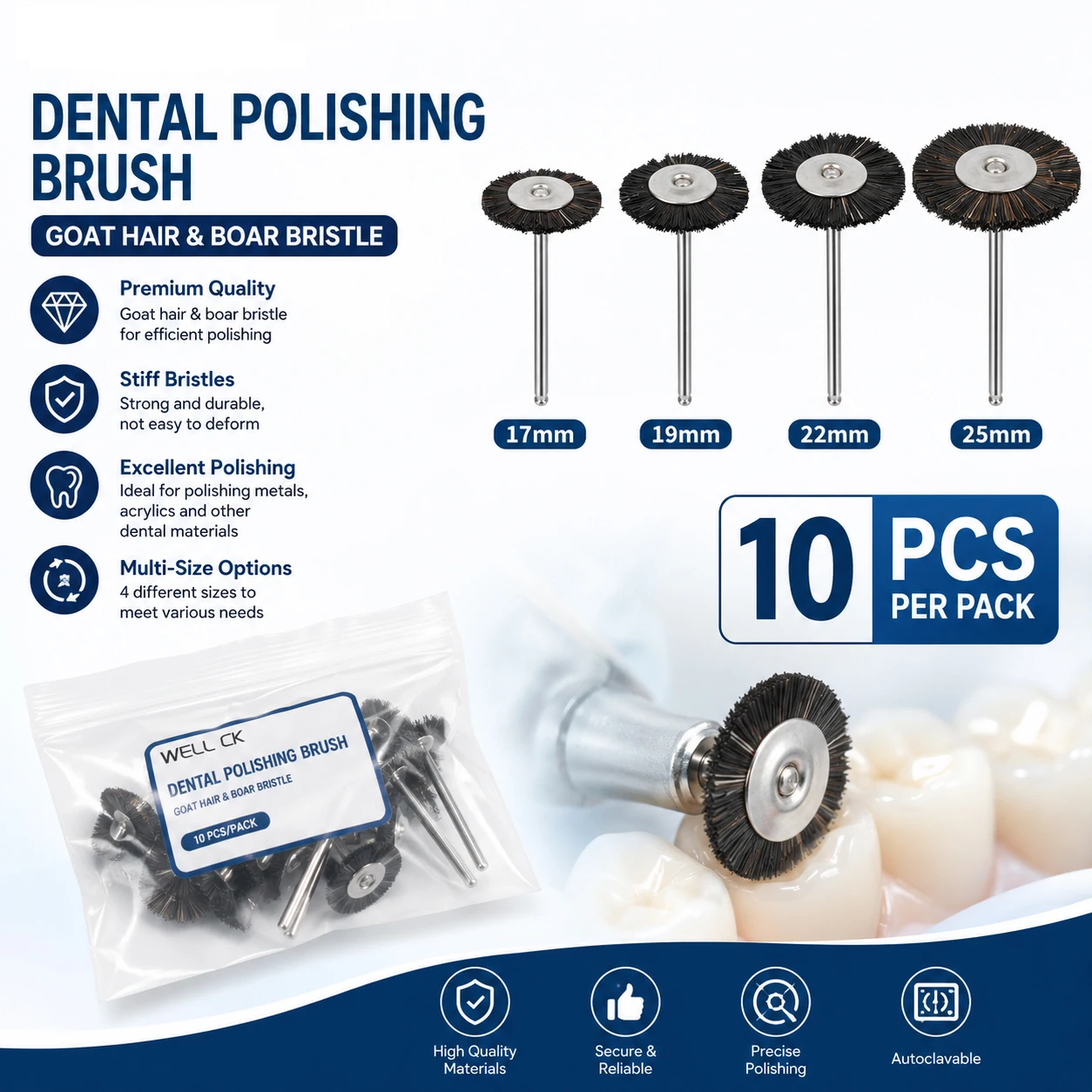 10Pcs/Bag Polishing Brush Wheel 2.35mm Dental Lab Laboratory Goat Black Horse Hair Mix Rotary Tools Low Speed HP Shank Buff