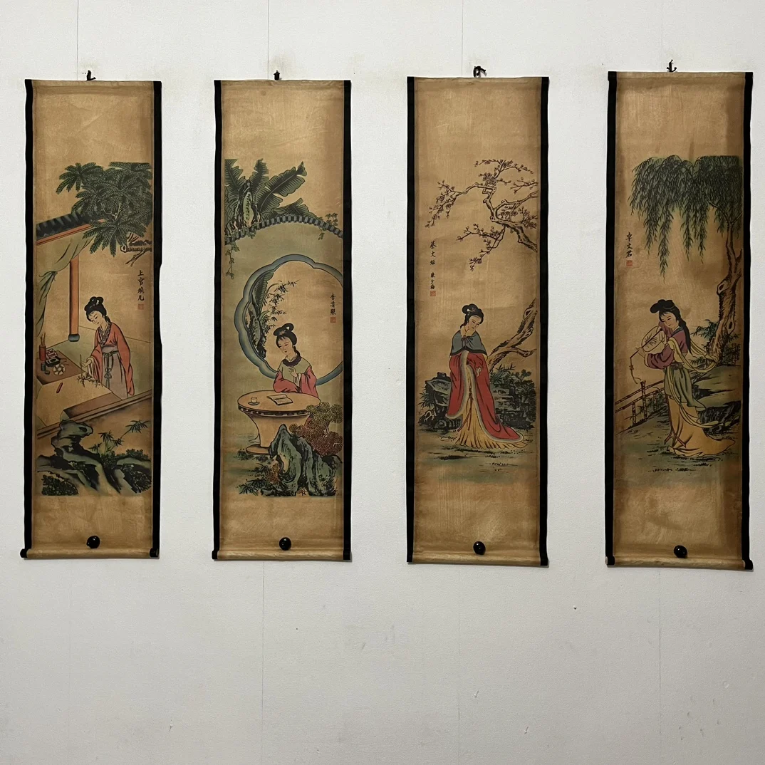 China Celebrity  Old Scrolls Ancient Four Talented Women Picture Four Screen Painting,Wall mounted painting