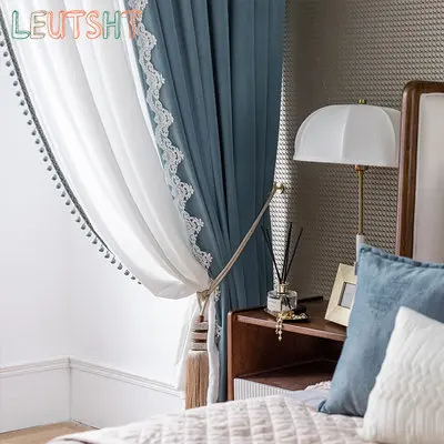 

Nordic Curtains for Living Dining Room Bedroom Simple Light Luxury Fresh Haze Blue Dutch Velvet Processing Lace Curtain Window