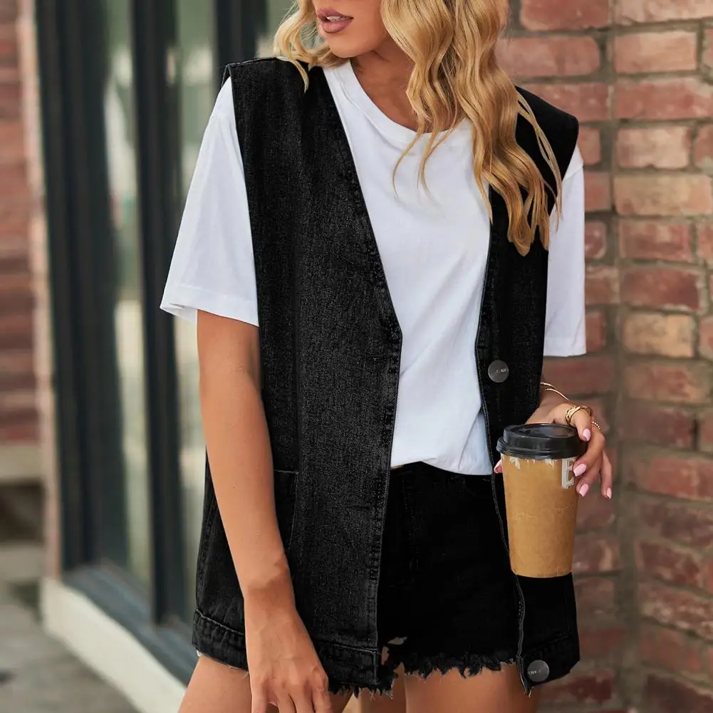 Women Denim Vest Jacket V Neck Sleeveless Patch Pockets Single-breasted Cardigan Solid Color Casual Streetwear Lady Waistcoat