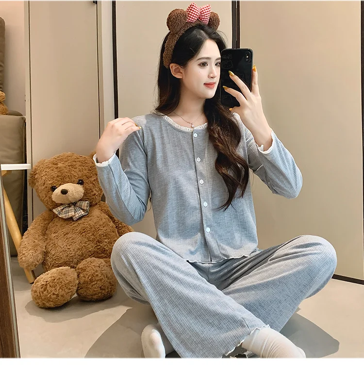 

Pajama Sets Autumn Women Linen Pajamas Stripe Design Natural Nightwear Button Front Long Sleeve Full Length Pants Breathable Ins