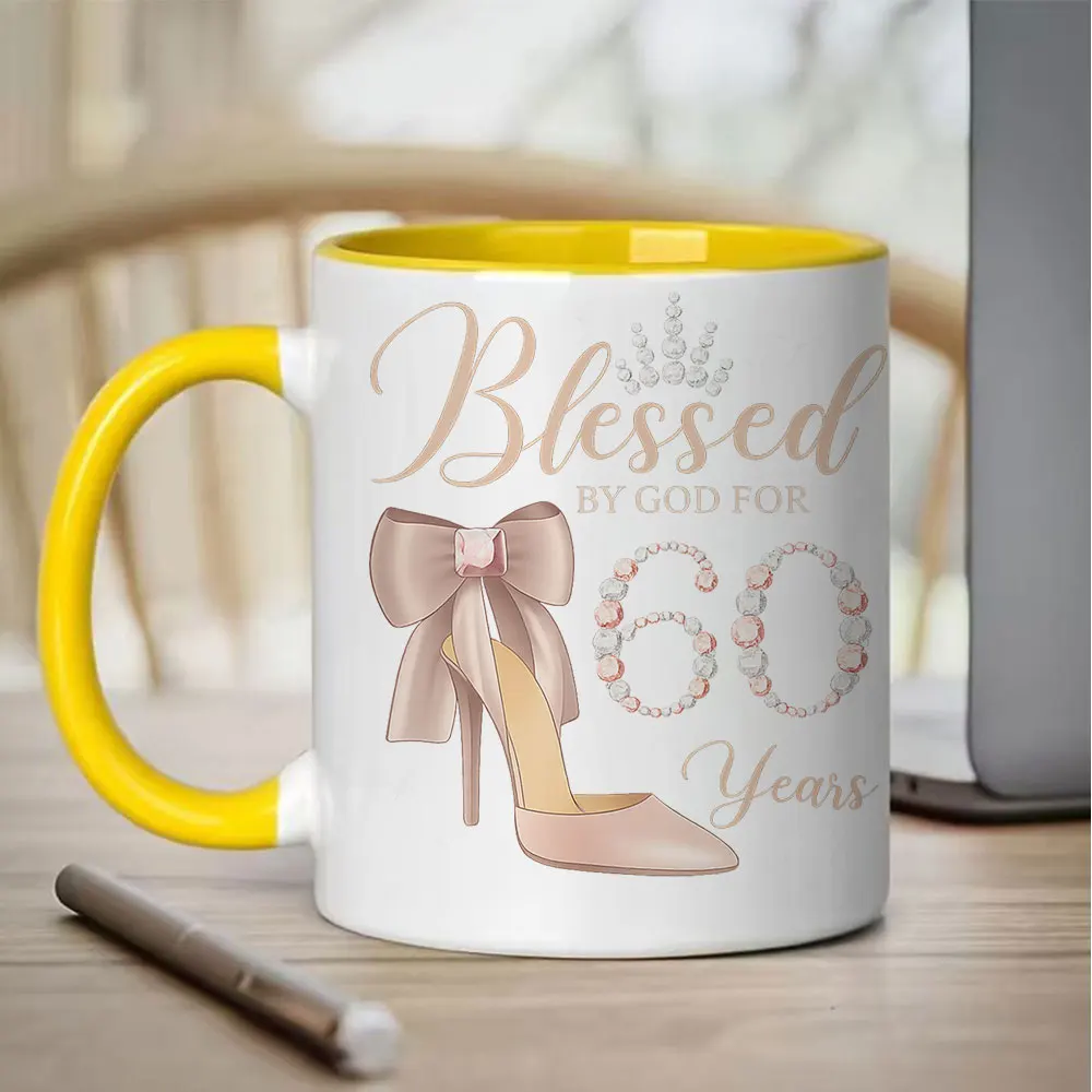 11oz Blessed By God For 60 Years Ceramic Coffee Mug with High Heel Bow Design Tableware for Birthday Party Home Use Holiday Pres