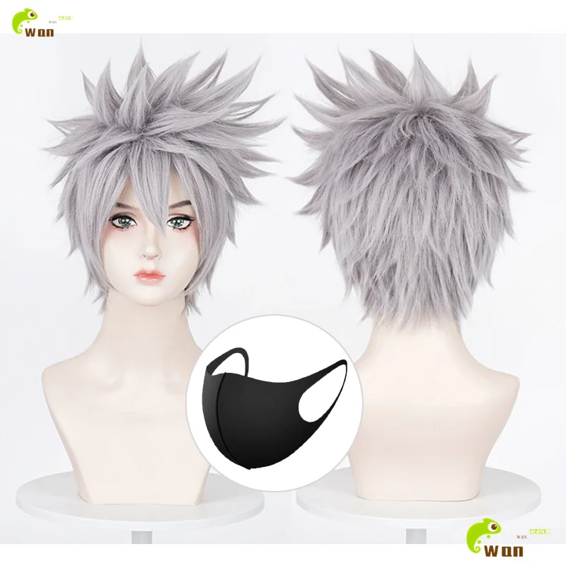 

Anime Cosplay Wig Silver Gray Short Wigs Heat Resistant Synthetic Hair Halloween + Free Wig Cap