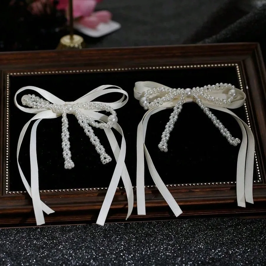 

2Pcs Beaded Bow Tassel Hair Clips, Sweet Korean Princess Style, For Daily Party Wedding Photo, Free Shipping