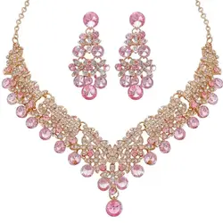 DIEZI Korean Luxury Water Drop Pink Purple Rhinestone Necklace Earrings Jewelry Sets Wedding Party Crystal Jewelry Accessories