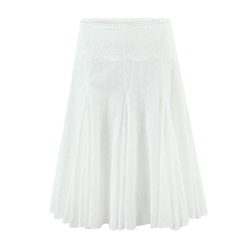

French Elegant White Skirt For Women Low Waist A-line Knee Length Floral Embroidery Summer Skirts