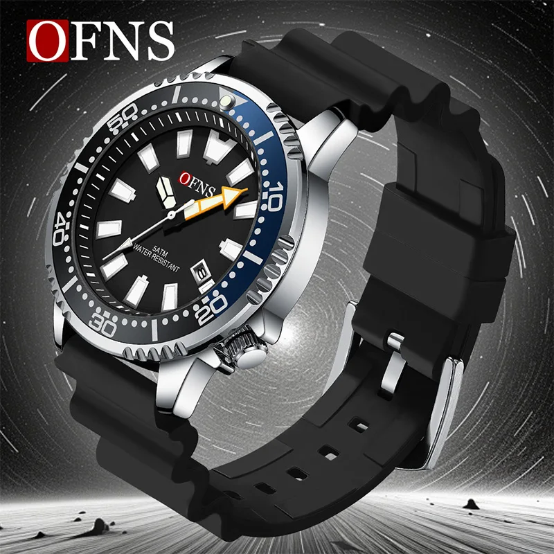 OFNS 8032 Top Brand Men Quartz Watches Luxury Rubber Strap Waterproof Sport Quartz Watch Man Business Clock Relogio Masculino