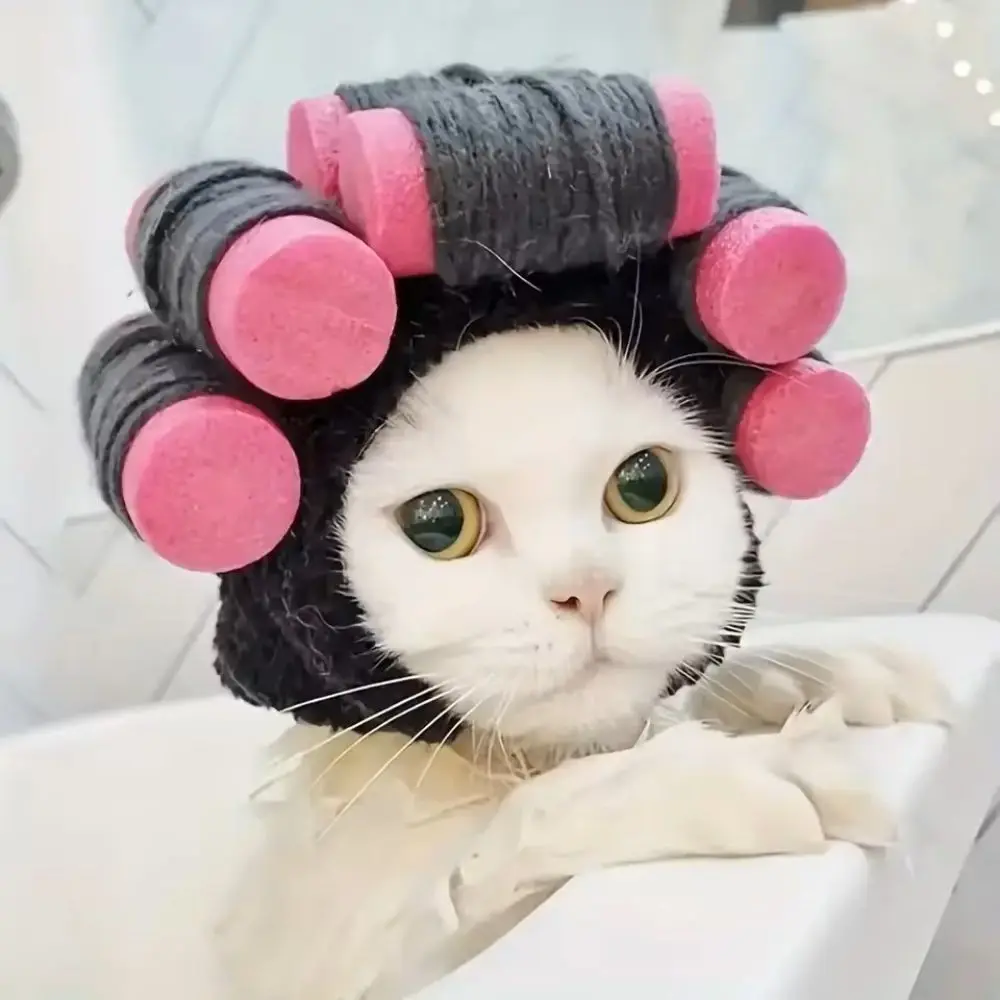 Curly Hair Shape Pet Knitted Hat Breathable Soft Cat Hat Adjustable Cross-dressing Hat Pet Cosplay Props Photography Prank Gifts