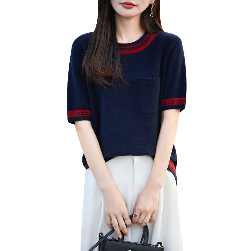 

Женский свитер с круглым вырезом из 100% австралийской шерсти, облегающий вязаный пуловер с короткими рукавами, шерстяной свитер, футболка, новинка, производит