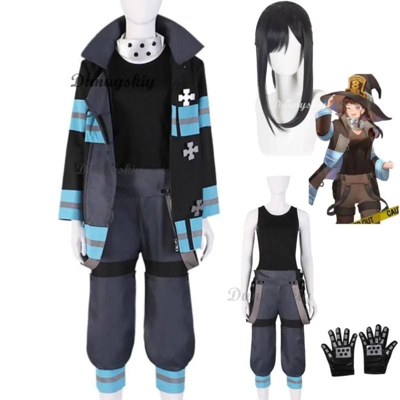 Disfraz de Anime Fire Force Maki Oze, disfraz de Enn No Shouboutai, peluca de bombero, abrigo, uniforme, traje de Carnaval Sexy para mujer adulta