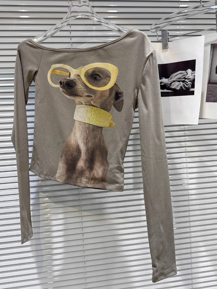 2025 nova camisa básica malha dos desenhos animados impressão cão topo feminino gótico punk camiseta e menina magro manga longa camisetas streetwear cyber y2k topos