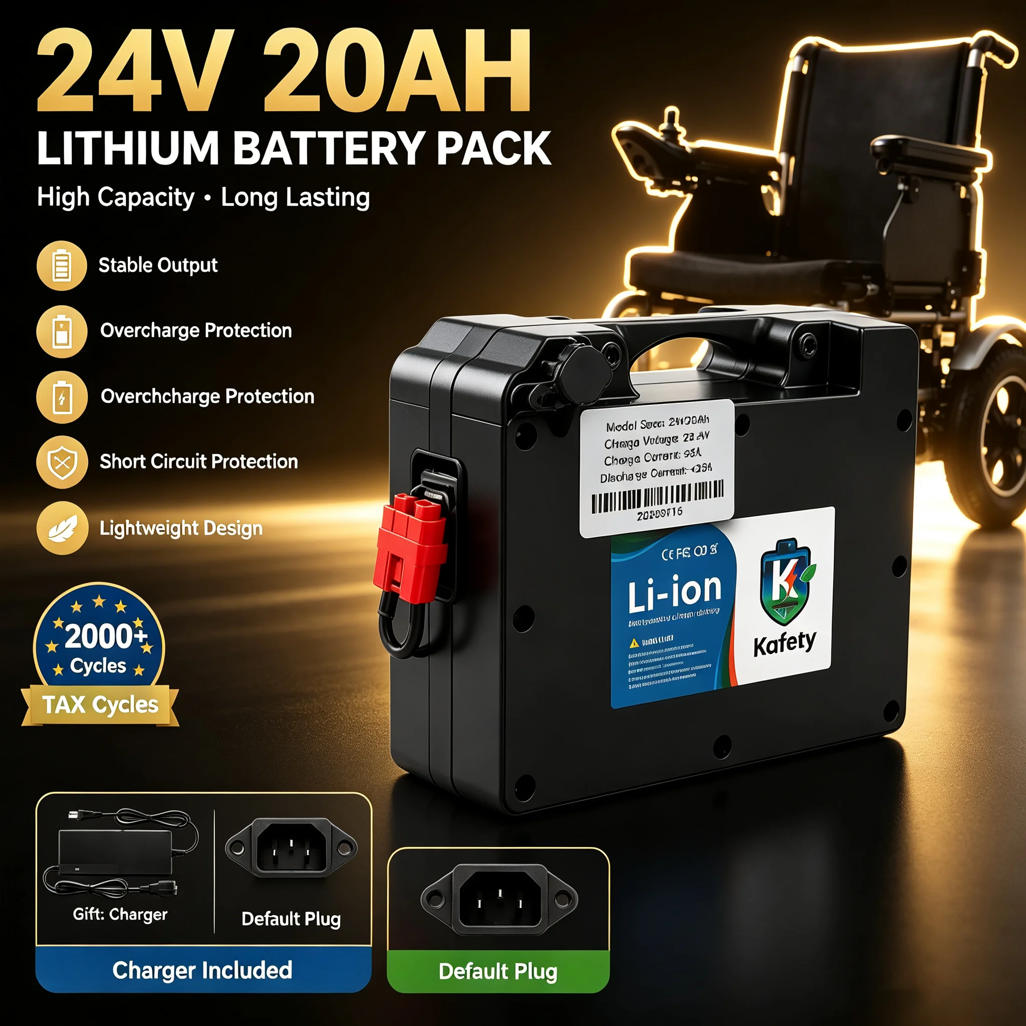 24V 20000mAh 18650 wiederaufladbarer Lithium-Ionen-Ersatzakku, eingebautes BMS für Elektrorollstühle und Mobilitätsroller, inklusive 29,4V 3A Smart-Ladegerät