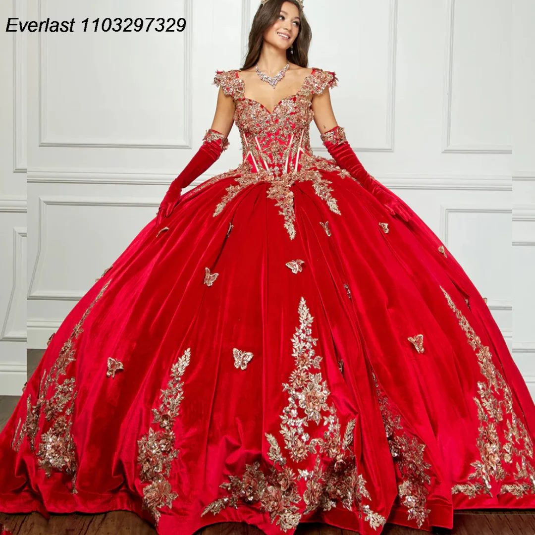 EVLAST-vestido De quinceañera rojo con purpurina, traje De baile De mariposa dorada, apliques De cuentas, dulce mexicano 16, 15 años, TQD640