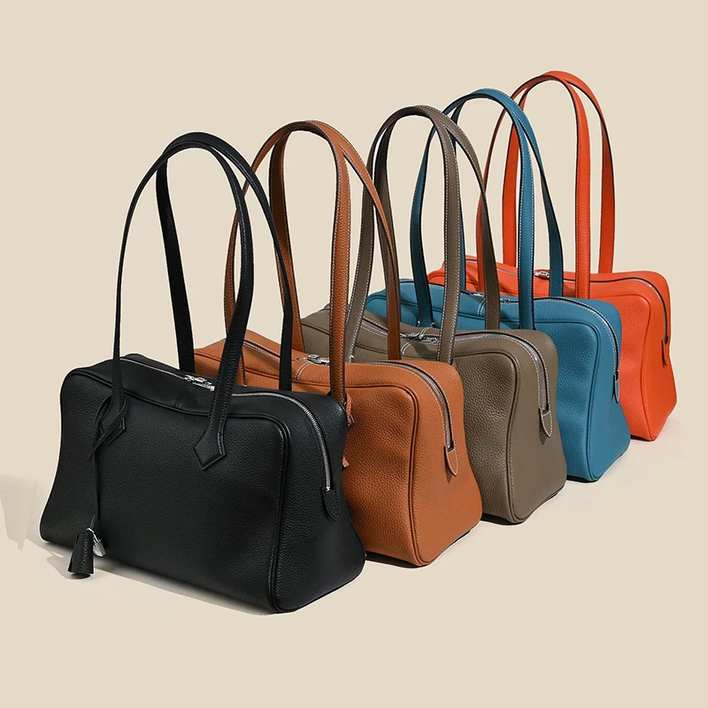 Genuine Leather Women’s Tote Handbag with Silver Lock Shoulder Bag