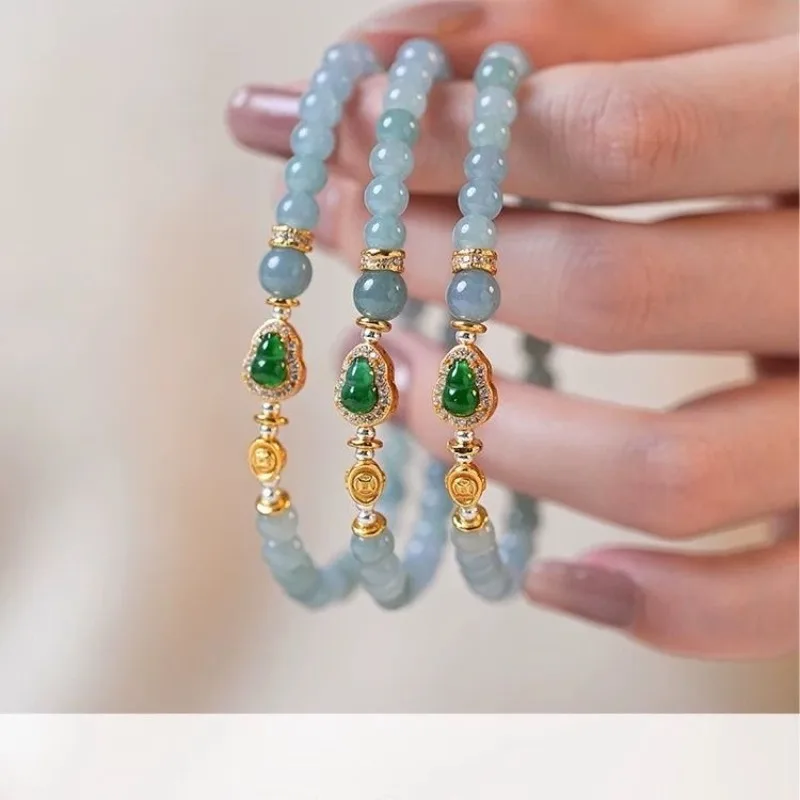 

Natural Blue Water Jade Gourd Emerald DIY Bracelet Yuanbao Exquisite Sexy Young Fashion Real Jewelry Best Selling Holiday Gifts