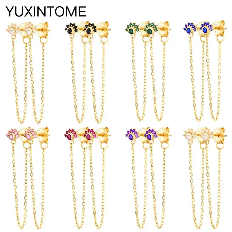 

925 Sterling Silver Ear Needle Flower Long Chain Tassel Pendant Earrings Colorful Crystal Stud Earrings Women's Luxury Jewelry