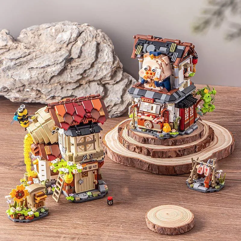 

Chinatown City Street View Mini Block China Pork Shop Honey Factory Construction Building Brick Figure Toys Streetscape For Kids