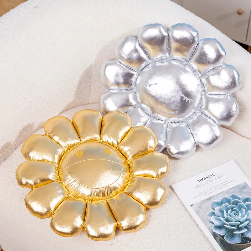 1pc 42cm Simulation Cartoon Golden Silver Color Sun Flower Plush Toys Kawaii Stuffed Soft Plants Modeling Sofa Cushion Home Deco