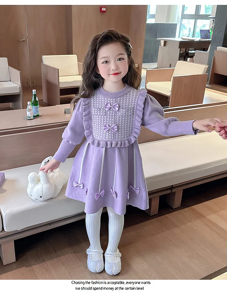 Girls Kids Winter Warm Dress For Little Girl Purple Pink Red Spring Festival Christmas Knitted Sweater Dress 2-10 Years Old