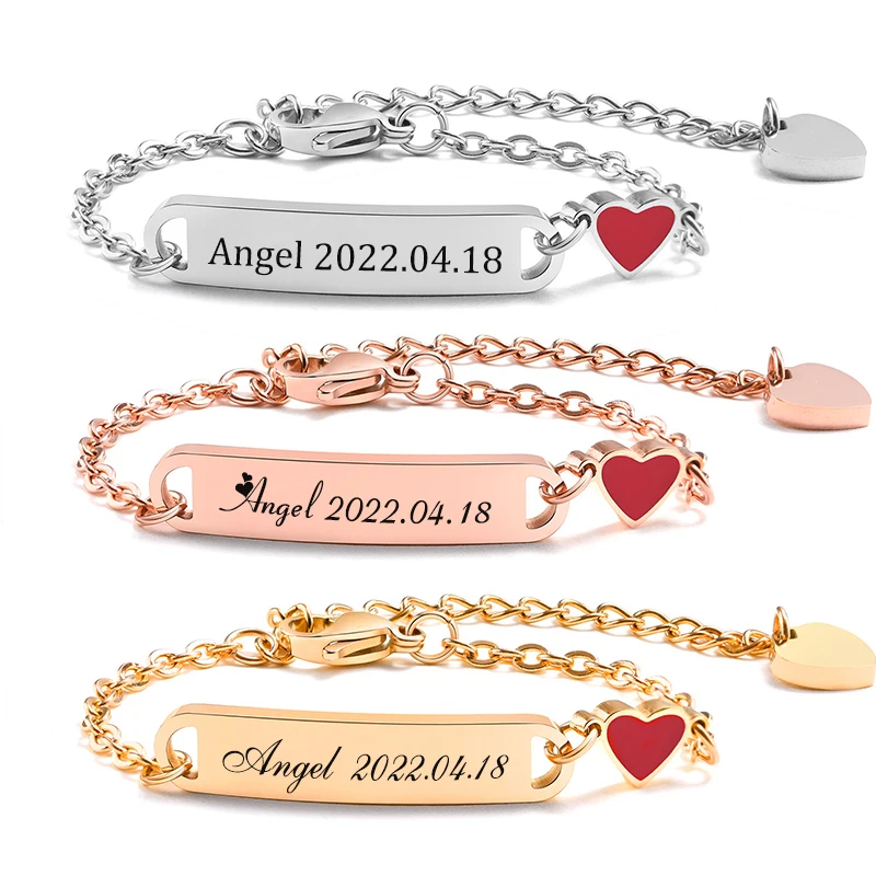 Personalized Name ID Bracelet, Not Allergic Stainless Steel Chain Link with Heart Charm Bracelet,Custom Gilrs Boys Gifts