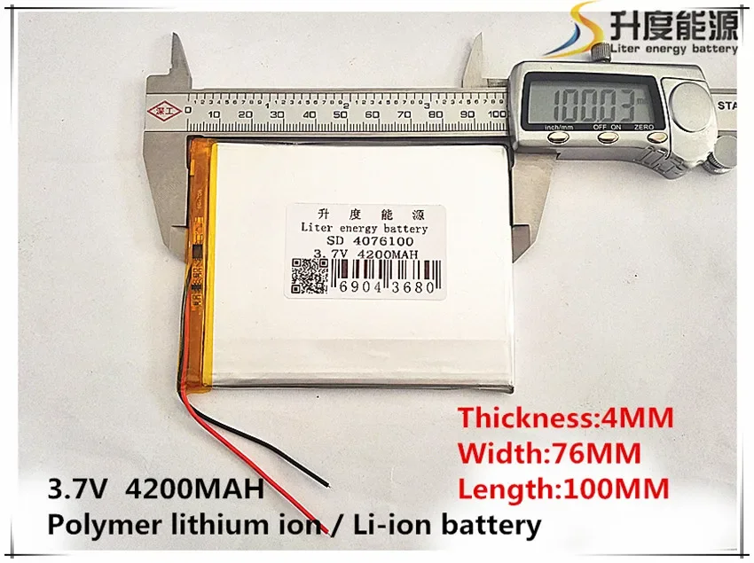 3.7V 4200mAh 4076100 Lithium Polymer Li-Po li ion Rechargeable Battery cells For Mp3 MP4 MP5 GPS mobile bluetooth