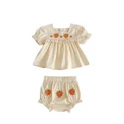 Ins Summer Baby Girl Sets Apricot Short Puff Sleeves Square Collar Flower Embroidery Shirt PP shorts Newborn Clothing Suits