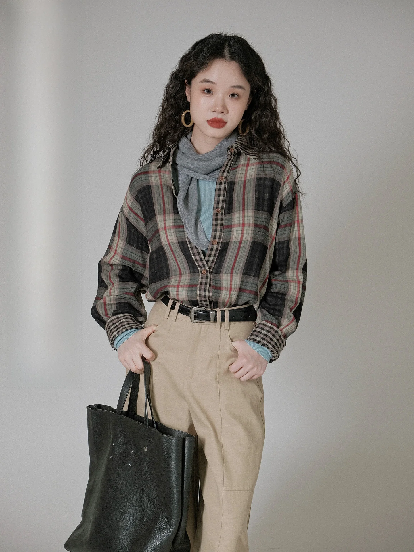 

IVY YANG Vintage Plaid Splicing Color Blo Long Sve irt Women's Double Layer Pure Cotton Baby Cloth Autumn Jaet