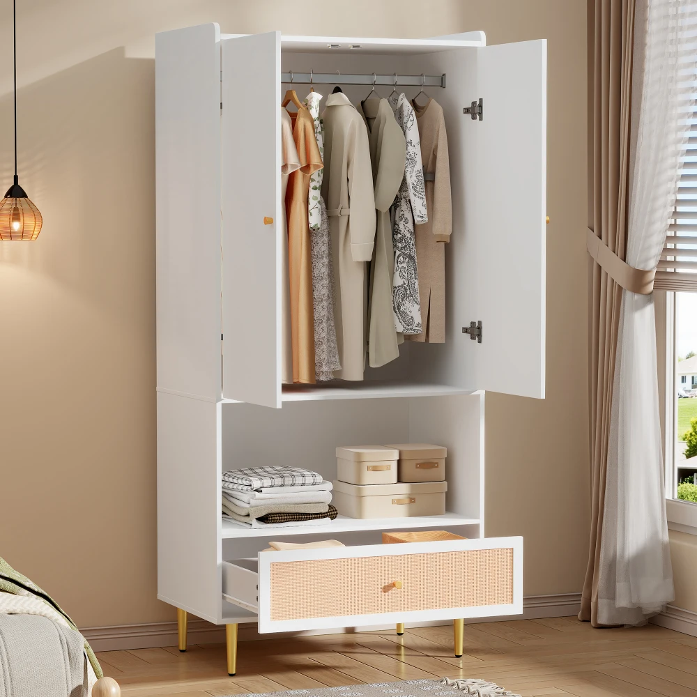 PINGGO Weißer Kleiderschrank mit 2 Türen, Rattanschublade, Metallbeinen und Griffen, 80x48x175cm, für Schlafzimmer und Wohnzimmer – Detail 8
