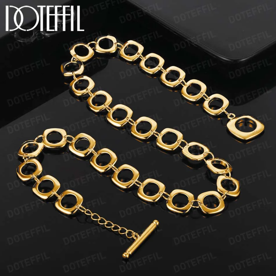 DOTEFFIL 18K Gold Square Round Chain Necklace For Women Man Charm Wedding Engagement Party Fashion Jewelry