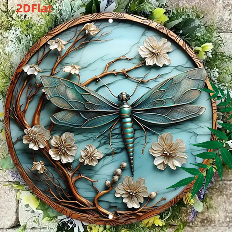 2D Flat - 1pc 2D Flat Elegant Dragonfly Round Decor | Turquoise Background with Floral Branches, Vintage Style, Frameless Wall H