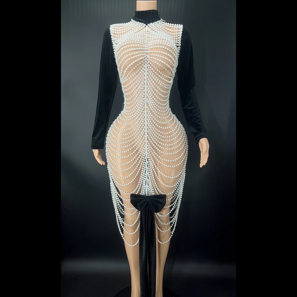 

Sexy Evening Prom Gown Birthday Dress Black Velvet Pearls Chains Long Dress Singer Show Stage Wear Perfornance Costume