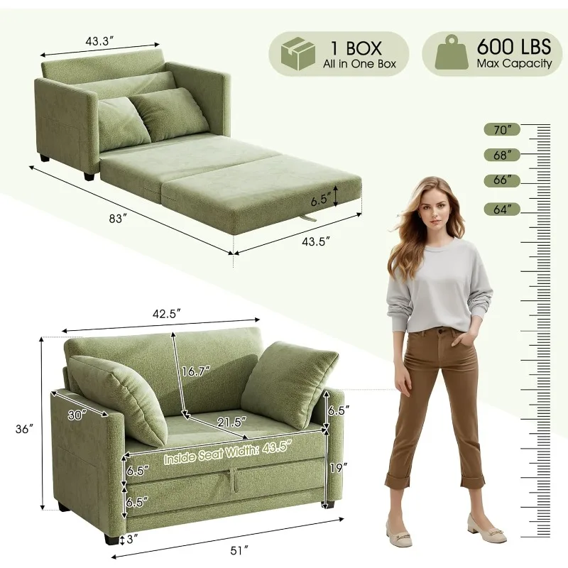 51인치 러브시트 소파베드, 작은 공간을 위한 셔닐 소재 접이식 바닥 소파베드, 깊은 좌석이 있는 접이식 카우치베드, 베개 2개 포함