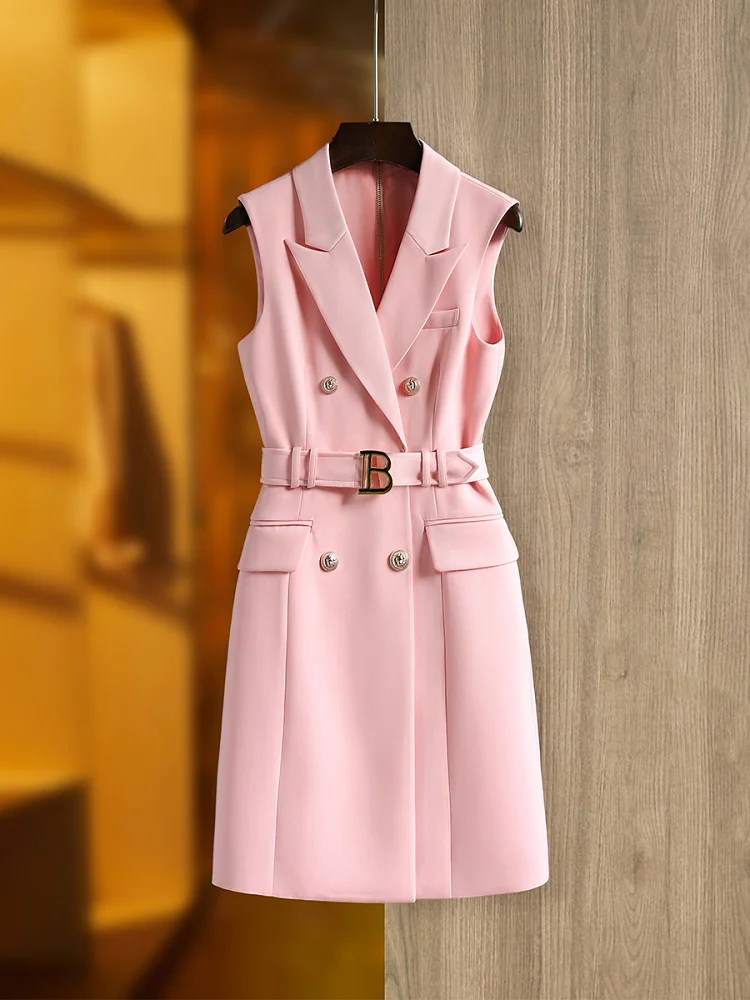 

2023 HIGH STREET New Runway Newest Designer Women Sleeveless Lion Buttons Double Breasted Belted Blazer Dress