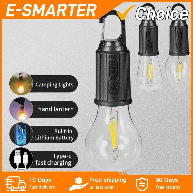 Portable Camping Light LED Camping Lamp with Hook Portable Lighting Lantern Type C Charging Waterproof for Hiking Fishing