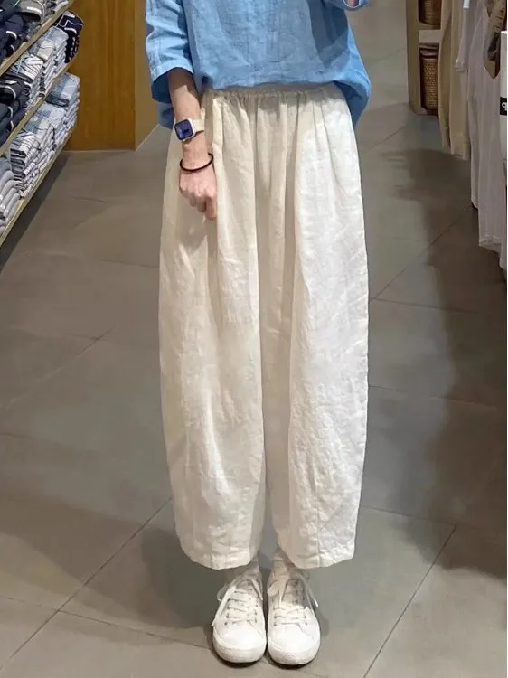 

Женские брюки с высокой талией из хлопка и льна, летние, 2025, новые, в стиле ретро, свободные, прямые, укороченные (7/8)