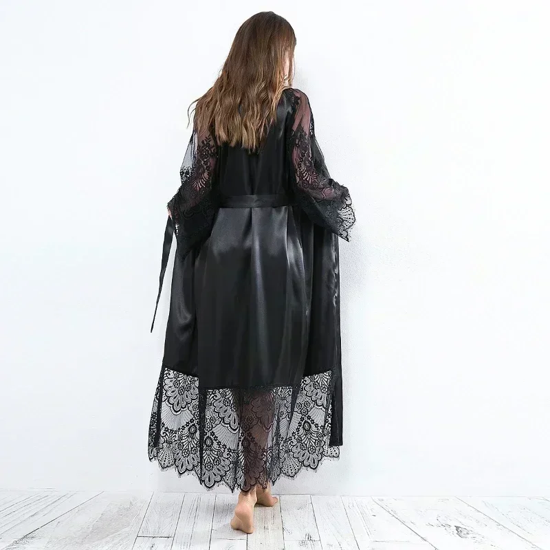 Sexy Lingеrie Set Women Pajama New Hollowed-out Lace Pattern Long Sleeve Long Women's Robe Bathrobe Nightgown Woman  Sleepwear