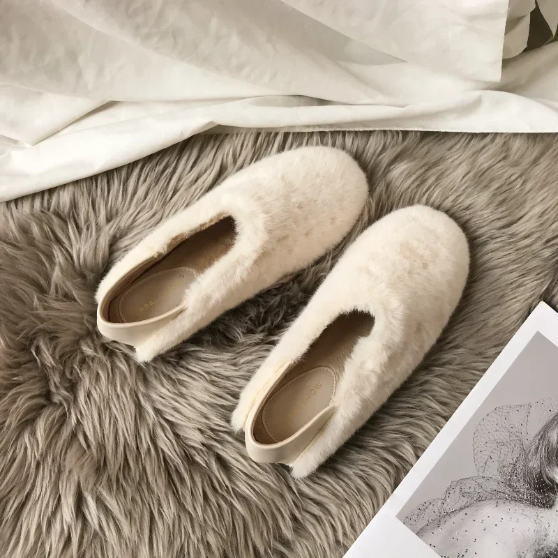 Fur Mule Slippers Women Winter Home Shoes Slip on Furry Loafers with Butterfly Knot Fur Slides Female Lush Fluffy Moccasins 2024